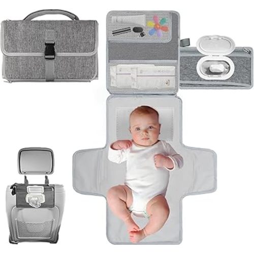 Portable Diaper Changing Pad for Baby - Waterproof Travel Changing Mat with Wipe Dispenser Pocket & Stroller Straps | Baby Registry Must Haves, Newborn Essentials & Baby Gift for Girls and Boys (Grey)
