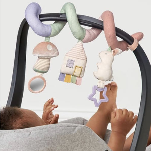 Itzy Ritzy Spiral Car Seat & Stroller Activity Toy - Stroller & Car Seat Toys for Ages 0 Months and Up - Hanging Toys Include Dangling Ring, Mirror and Textured Ribbons (Pastel Rainbow)