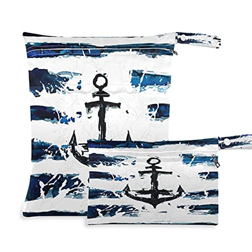 Wet Dry Bags for Diaper Bag Nautical Anchor Navy Stripe Cloth Diaper Hanging Wet Bags Waterproof Washable Organizer Pouch with Pocket for Travel Camping Beach