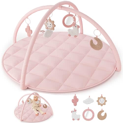 Beautiful Baby Play Gym and Tummy Time Mat - Soft Cotton Mat with 6 Cute Toys Creates The Perfect Activity Area for Your Girl/Boy - Stylish Infant Floor Playmat Fits Nicely with Any Playroom Decor