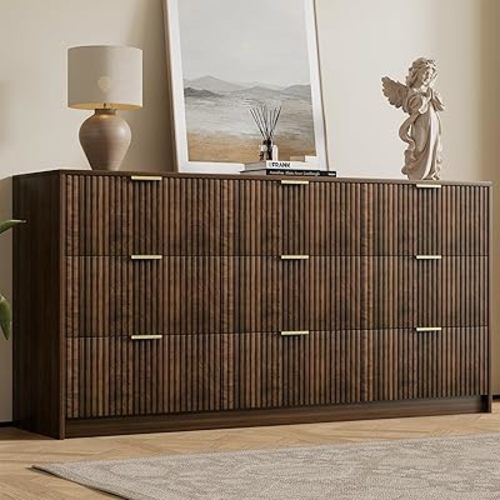 Furniway Walnut Dresser for Bedroom, Modern Dresser with 9 Drawers and Smooth Slides, Wide Chest of Drawers with Golden Handles for Bedroom, Living Room, Closet, 15.7" D x 63" W x 31.5" H