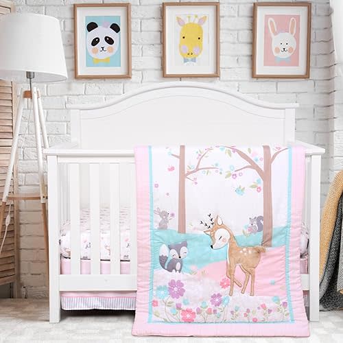 UOMNY Crib Bedding Set for Girls 3 Piece Woodland Baby Girl Crib Bedding Set Include Fitted Crib Sheet Comforter Crib Skirt