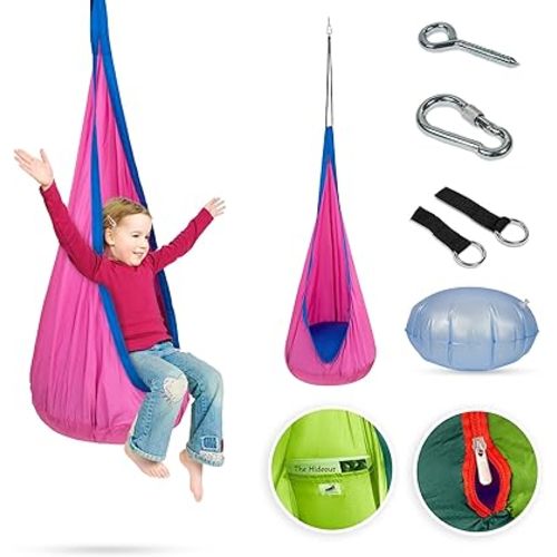 Child Hanging Pod Swing Chair with Pocket, Hanging Hammock Cocoon, Indoor and Outdoor Fun, Relaxation Nook, Sensory Autism Therapy, Easy to Hang Comfortable Nest, Girls and Boys (Pink)