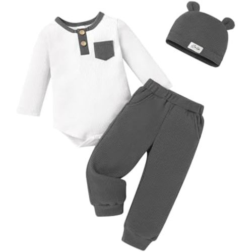 Happy Town Newborn Baby Boy Clothes Waffle Knit Long Sleeve Romper Solid Color Pants Set with Hat Infant Fall Winter Outfit