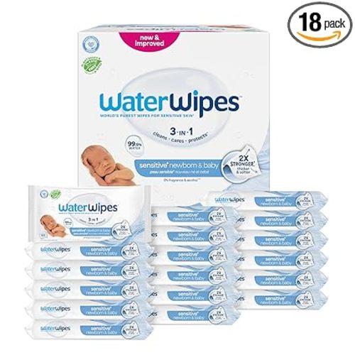 WaterWipes Sensitive+ Newborn & Baby Wipes, 3-In-1 Cleans, Cares, Protects, 99.9% Water, Unscented & Hypoallergenic, 1080 Count (18 Packs)