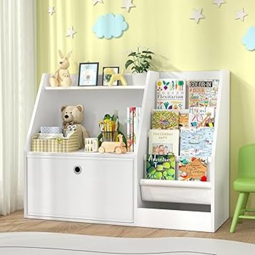 TOETOL Kids Bookshelf,Book Storage Organizer,4 Sling Toddler Wooden Book Shelf,2-Tier Kids Bookcase for Bedroom,Livingroom,Playroom,Nursery-White