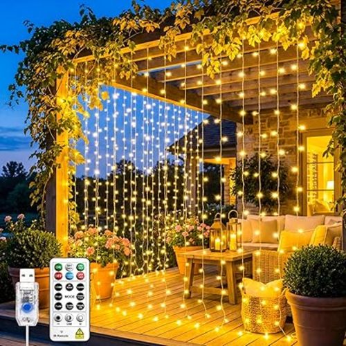 Curtain Light for Bedroom, 200LED 6.6x6.6ft Warm White Window Wall Hanging Fairy Curtain String Light, 8 Modes Remote Fairy String Lights Indoor for Wedding Party Home Garden Decorations