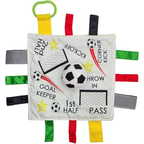 Baby Jack & Co 10x10” Soccer Sports Lovey Sensory Plush Blanket - Tag Toy for Babies - Baby Stroller Toys - Learn Shapes, Letters & Colors - MVP Ball Toy & Sports Gift w/Stroller Clip World Cup