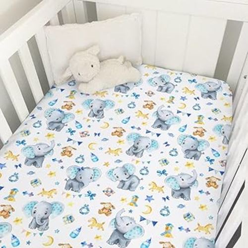 Cute Elephant Baby Crib Sheets 52''x28'' Cartoon Elephant Snug Fitted Crib Mattress Sheet for Boy Girl Elephant Blue Soft Nursery Baby Bed Sheets Fits Standard Crib and Toddler Mattresses