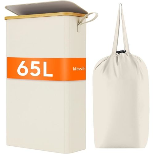 Lifewit 65L Slim Laundry Hamper with Lid, Narrow Laundry Basket with Removable Bag & Bamboo Handles, Fodable Thin Dirty Clothes Hamper for Laundry Collapsible Bin for Bathroom Bedroom Dorm, White