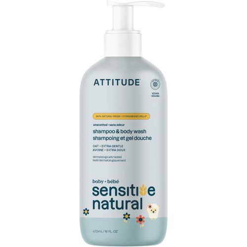 ATTITUDE Baby 2-in-1 Shampoo and Body Wash, Made in Canada, EWG Verified, Plant- and Mineral-Based Ingredients, Vegan Products for Sensitive Skin, Unscented, 473 mL