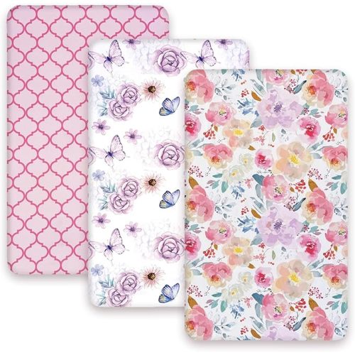 AMROSE 3 Pack Soft Mini Crib Sheets, Microfiber Pack N Play Sheets Set for Baby Girls, Silk Touch Gentle, Fitted for Playard Portable Mini Crib Mattress, Happy Garden
