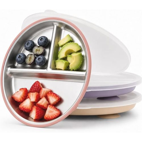 Bakpoco Stainless Steel Suction Plates with Lids for Toddlers & Babies, 9" Divided Kids Plates for 18M-5Y, Kid Growth Family Eating Essentials, 3-Pack