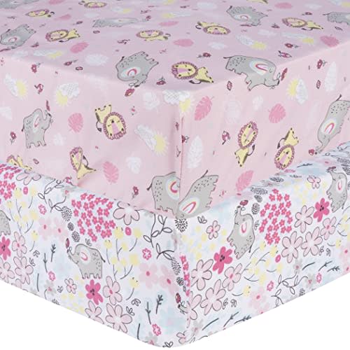 Sammy & Lou Jungle Flowers 2-Pack Microfiber Fitted Crib Sheet Set, Fits Standard Crib Mattress 28 in x 52 in; Fully Elasticized,