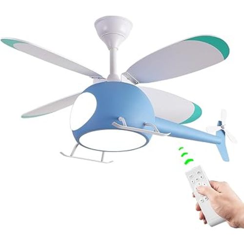 Children's Bedroom Ceiling Fan with lights,Remote control speed,Dimmable Kids Room Cartoon Ceiling Fan Lamp,Helicopter Model&Teddy Bear Model Options Blue