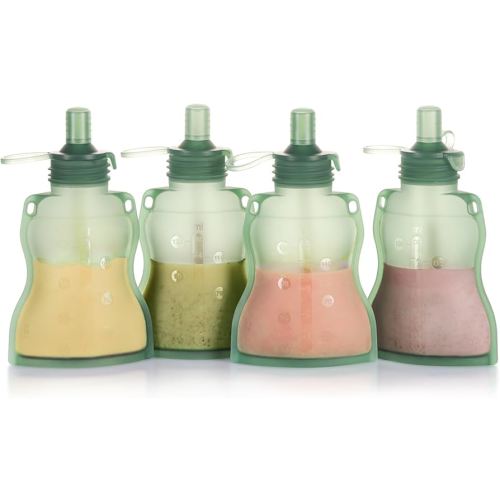 haakaa Baby Food Pouch Refillable Baby Squeeze Silicone Yummy Pouch, Soft Reusable Squeeze Storage Food Pouch for Kids Toddler,Home Made Food Puree,Smoothie Pouch Bag, 4oz, 4 Pack,6m+(Pea Green)