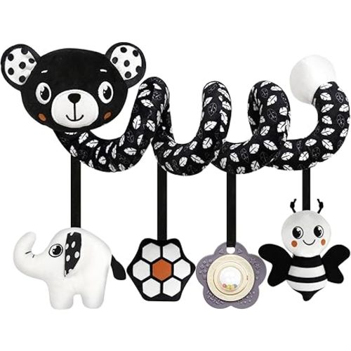 Baby Carseat Toy Black & White Rattle Spiral Hanging Activity Stroller Toy for Newborns Boys and Girls - Bear