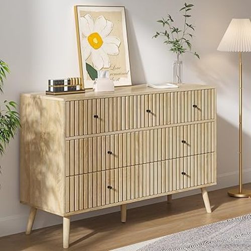 Fluted 7 Drawers Dresser for Bedroom,Modern Chest of Drawers for Bedroom,Wide Dresser Tv Stand with Black Handles,Wood Dressers Organizer Storage Cabinet Nursery,Living Room,Hallway,Natural