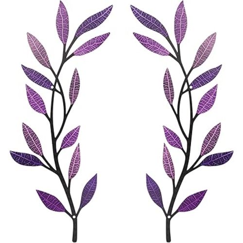 Metal Tree Leaf Wall Decor 2 PCS Rustic Vine Branch Leaf Wall Art for Living Room Bedroom Bathroom Decorations - Dazzling Purple