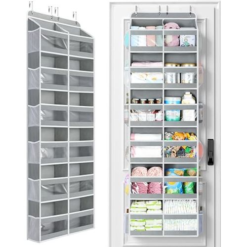 Yecaye 6-Tier Over The Door Organizer Dual-Column of 12 Compartments, College Dorm Essentials with Clear PVC Windows, Heavy Duty Door Organizer Hanging for Bedroom Closet Bathroom Pantry Nursery, Gray
