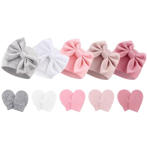 Newborn Baby Hats and Mittens Set Infant Bow Beanie Cap Toddler Gloves Newborn Hospital Hats for Baby Boy Girl 0-12 Months