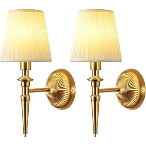 Battery Operated Wall Sconces Set of 2, Wireless Rechargeable Wall Lights with 12 RGB Colors and 3CCT Dimmable, Small Fabric LED Wall Lamps for Bedroom, Living Room, Hallway, Gold