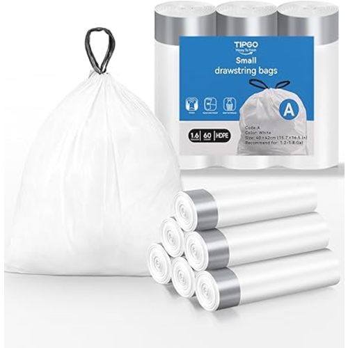 TIPGO Drawstring Trash Bags 60 Count, Pre-Cut 1.6 Gallon Small Garbage Bags, Fit 1.2-1.8 Gallon Trash Bin for Home, Office, Bathroom (Code A)