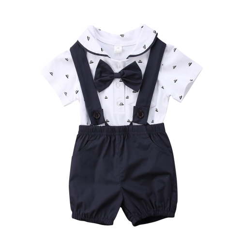 2Pcs Infant Baby Boy Gentleman Formal Suit Bow Tie Button Short Sleeve Shirt Romper Suspender Pants Shorts Overalls Outfit Set