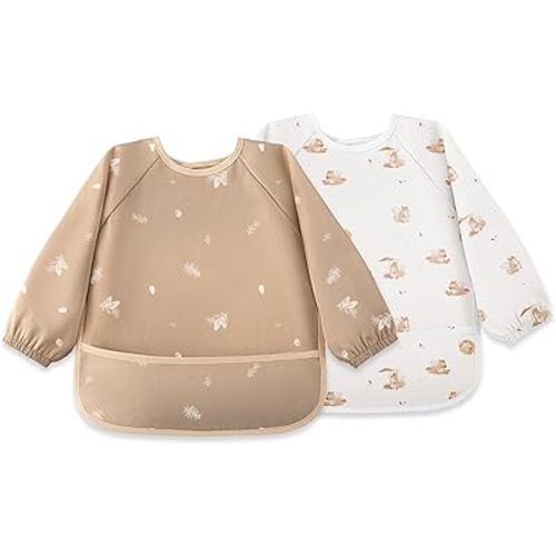 Susurration Waterproof Smock Bib for Eating Long Sleeve Bibs for Kids, Boy or Girl, 2 Pack Waterproof Bibs with Large Food Catcher, 6-36 Months Baby Eating Essentials - Pinecone