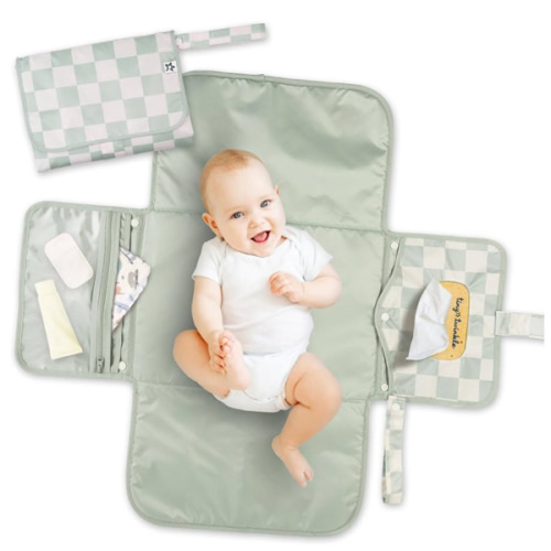 Tiny Twinkle Portable Diaper Changing Pad | Waterproof, Wipeable & Compact Baby Changing Pad for Travel | Smart Wipes Pocket & Organized Storage| Newborn Shower Gift (Sage Checkers)