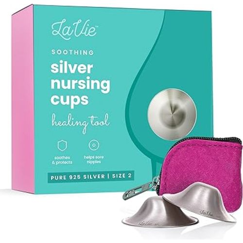 LaVie™ Silver Nursing Cups for Breastfeeding, Soothing Protection for Nursing Nipples of Newborns, Natural Relief for Nursing Moms, 925 Silver Nipple Covers All Natural (Size 2)