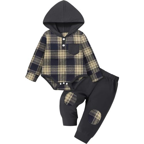 Fommy Baby Boy Clothes Flannel Plaid Outfits Long Sleeve Hoodie Romper Fall Winter 2 Pcs Clothes for Boy
