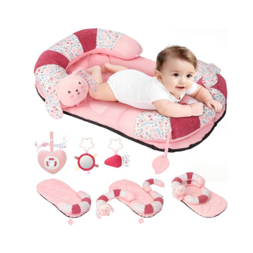 2-in-1 Tummy Time Mat & Seated Support Pillow with 5 Sensory Toys, Baby Floor Seat for Tummy Time & Early Sitting, Soft, Supportive, Essentials Development Gifts for Newborn Babies