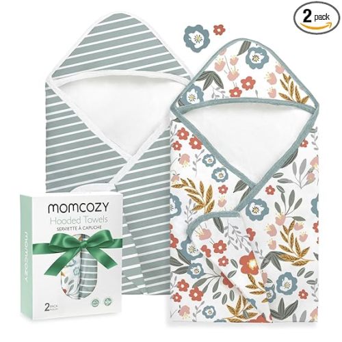 Momcozy Baby Towel with Hooded-2 Pack Soft Bath Towel Set-Shower Gifts or Bath Essential for Infant,Newborn, Toddler (28 X 28 Inch, Petite Blossom)