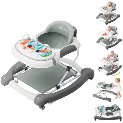 5-in-1 Foldable Baby Walker，Music and Lights Baby Walker with Wheels,Height Adjustable Infant Walker, with Activity Center, Rocker, Bouncer,Push Walker & Feeding Tray for Babies 6-18 Months (Gray)