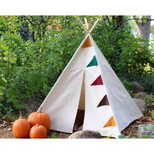 Natural Canvas Children's Teepee, Can Include Window, FIVE Sizes Available, Custom Order Kids Tent Playhouse, Choose Your Banner Colors
