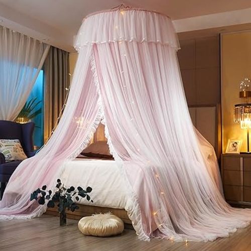 AIKASY Princess Bed Canopy for Girls & Adults, Elegant Double-Layer Bed Curtain, Children's Dream Round Lace Mosquito Net - Fits Twin, Full, Queen, and King Beds(Pink/White)