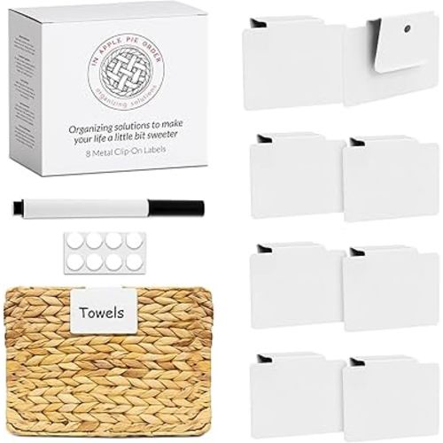 Labels for Storage Bins | Metal Storage Bin Labels (2.5” x 3.5”) - Set of 8 Basket Clip On Labels for Storage Bins w/Non-Slip Grip Pads & Dry Erase Marker - Removable Bin Labels for Storage Bins