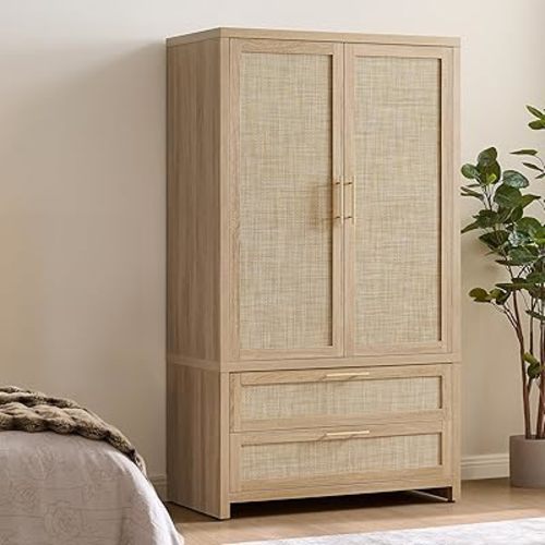 SICOTAS Rattan Armoire Wardrobe Closet Cabinet, 71" Tall Wardrobe Storage Cabinet with Doors, Large Drawers and Hanging Rod, Boho Armoire Clothes Organizer for Bedroom, Cloak Room, Light Oak