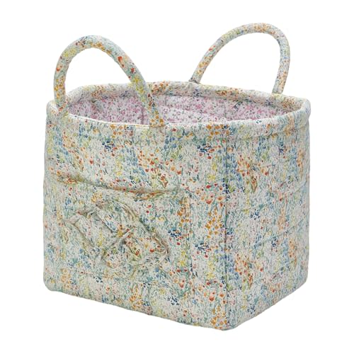 Quilted Fabric Storage Basket with Handles & Pocket, Foldable Laundry Hamper Boho Floral Print Organizer Bin for Home, Picnic, Office 12"x10"x10" (A-3)