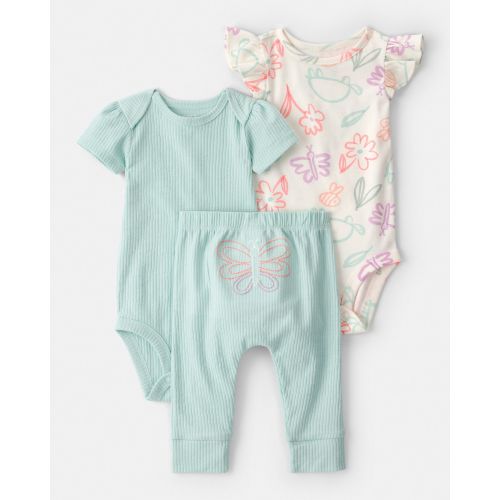 Baby Girl 3-Piece Butterfly Bodysuits & Pant Set - Blue/Ivory | Carter's