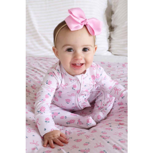 Ribbon & Roses Ruffle Zipper Footie in Pink | Caden Lane