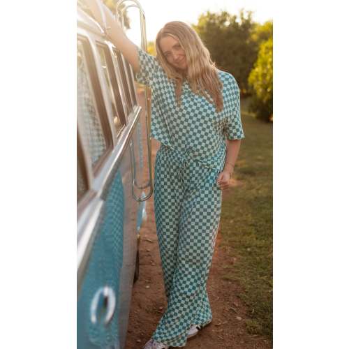 Women's T-Shirt and Pants Set in Teal and Blue Checkered