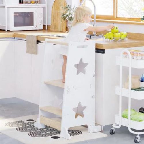 3-in-1 Toddler Kitchen Step Stool, Foldable Learning Tower with Blackboard, Convertible Kids Table and Chair, Wooden Helper Stool, White