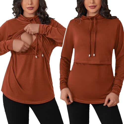 GINKANA Womens Nursing Tops Breastfeeding Sweatshirts Shirts Long Sleeve Drawstring Cowl Neck Nursing Tee Shirts Blouse