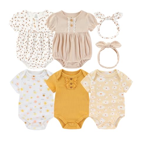 Baby Girls Boys Short Sleeve Outfit Romper With Headband Set Clothes New Born Cotton Bodysuits 5-Pack 0-12M