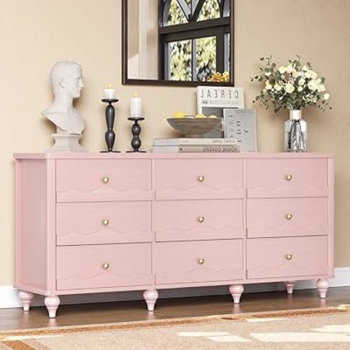Cyclysio 9 Drawer Dresser, Chest of Drawers for Bedroom, Wood Drawer Organizer for Living Room, Bedroom, Hallway (Pink)