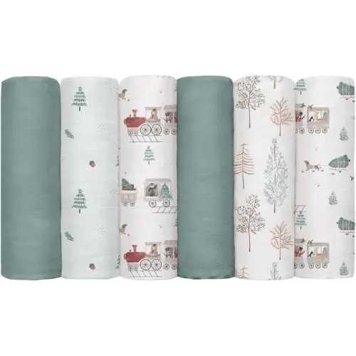 GLLQUEN BABY Receiving Blanket Boy Cotton Muslin Swaddle Blankets Girl Newborn Squares Breathable & Soft Thin Baby Blankets Cloths Double Absorbent Infant Swaddling Wrap - 6 Pack (Pine Tree & Train)