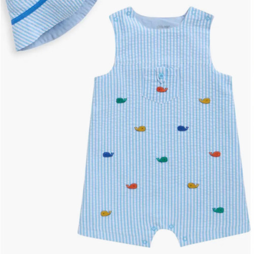 Whales Cotton Seersucker Romper & Bucket Hat Set