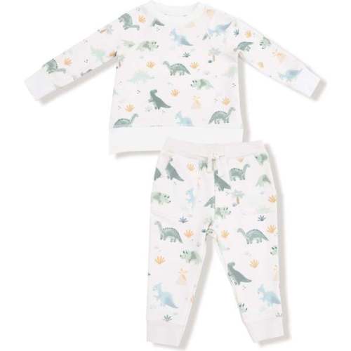 Raglan Sweatshirt + Jogger Set Soft Dinos, French Terry- Green - Angel Dear | Maisonette